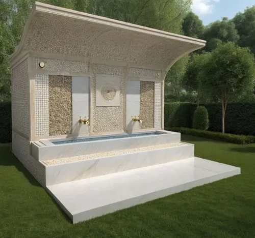 a fountain with two taps, marble, natural stone, marble in different tones, marble skirting, cylindrical marble mosaic, marble thin line sheet, marble profile sheet, slate split surface mosaic, Marble