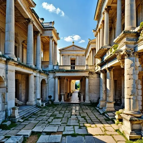 a very nice old mansion sitting in the middle of a field,zappeion,glyptothek,greek temple,doric columns,ephesus,neoclassical,marble palace,palladian,peristyle,pergamon,janiculum,colonnades,leptis,temp