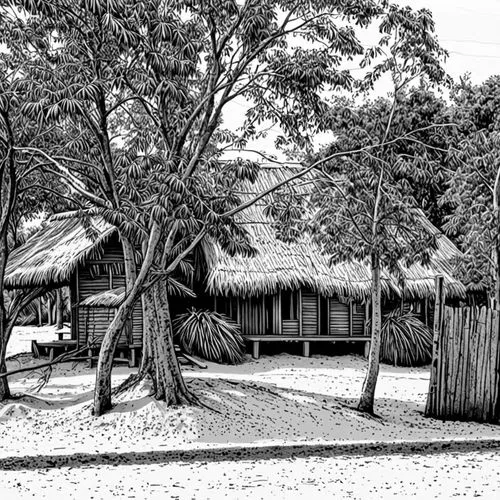 there is a drawing of an old wooden cabin,longhouses,longhouse,javanese traditional house,folk village,plimoth,huts,Design Sketch,Design Sketch,Black and white Comic