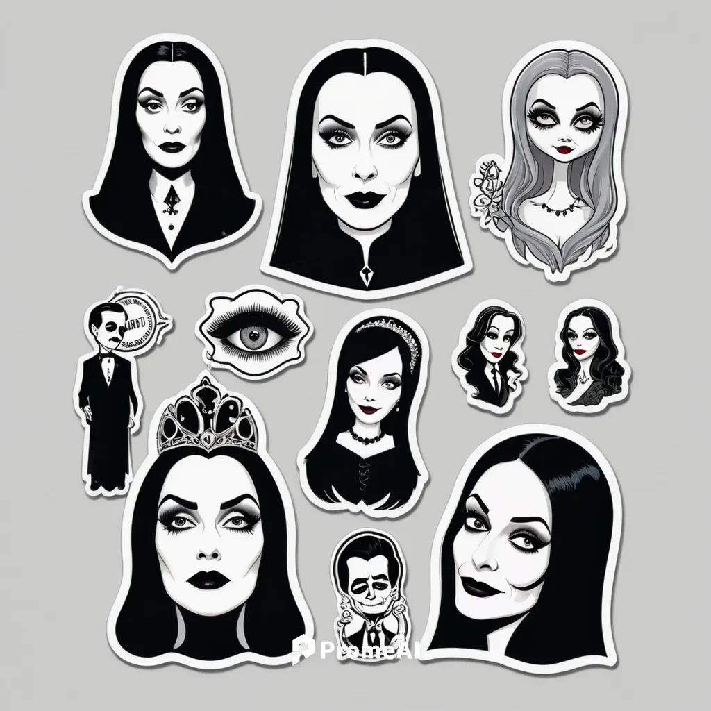 Wednesday and Morticia Addams, Light Gray background,vampira,halloween icons,icon set,clipart sticker,fairy tale icons,stickers,baby icons,crown icons,set of icons,gothic portrait,shopping icons,icon 