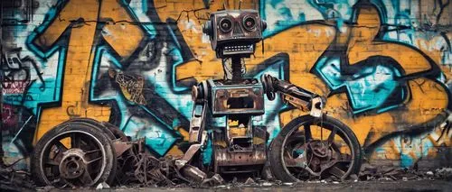 A broken robot, abandoned, purposeless, old rusty body, worn-out wheels, cracked screen, dusty surroundings, dimly lit, abandoned factory, industrial atmosphere, lonely, forgotten, eerie silence, clos