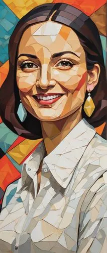 Cubist Mona Lisa, portrait, iconic smile, geometric fragmented face, multi-angled eyes, bold black eyeliner, short brown hair, pearl earrings, high-collared white shirt, folded hands, abstract backgro