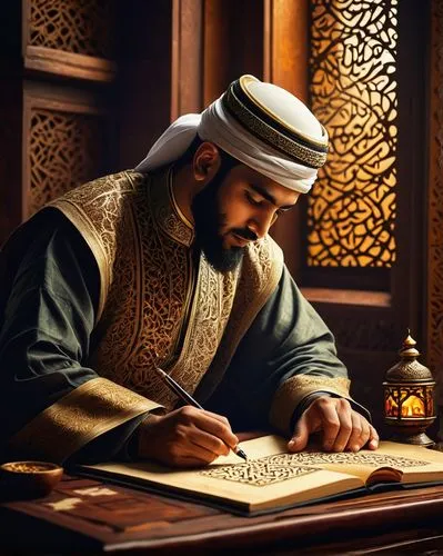 calligraphy,arabic background,persian poet,quran,koran,middle eastern monk,watchmaker,scholar,sultan ahmed,calligraphic,muhammad,meticulous painting,male poses for drawing,sheikh,islamic pattern,al qurayyah,parchment,islamic lamps,sultan,confer,Illustration,Realistic Fantasy,Realistic Fantasy 34