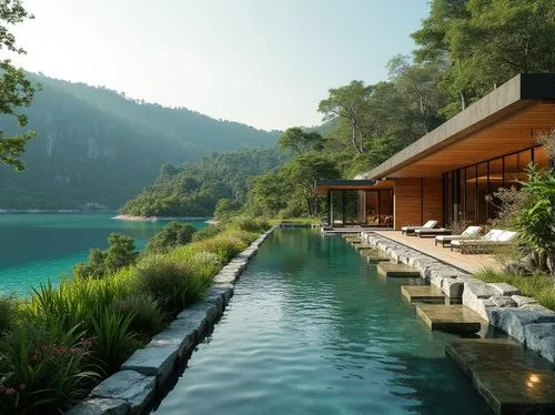 amanresorts,lefay,house by the water,pool house,infinity swimming pool,luxury property,holiday villa,tailandia,house with lake,summer house,floating huts,chalet,phuket,seclude,beautiful home,indonesia,tropical house,paradis,dreamhouse,thailand,Photography,General,Realistic