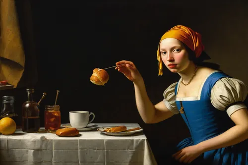 girl with bread-and-butter,woman eating apple,woman holding pie,girl in the kitchen,woman drinking coffee,still life with jam and pancakes,girl with a pearl earring,woman with ice-cream,girl with cereal bowl,bellini,girl with cloth,woman at cafe,flemish,hollandaise sauce,bougereau,viennese cuisine,girl picking apples,meticulous painting,food styling,woman pointing,Art,Classical Oil Painting,Classical Oil Painting 07