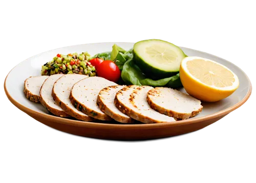 Fresh fruits, colorful vegetables, whole grain bread, grilled chicken breast, steaming quinoa, sparkling water, ceramic plate, wooden table, natural light, 3/4 composition, shallow depth of field, war