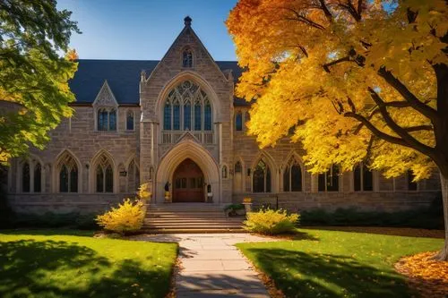 University of Michigan, Ann Arbor, historic building, gothic revival style, stone walls, pointed arches, stained glass windows, grand entrance, detailed carvings, ivy-covered walls, fall season, yello