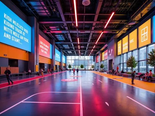 Vibrant gymnasium interior, bold color scheme, dynamic lighting, sleek metallic equipment, modernist architecture, polished concrete floors, bright accent walls, energetic atmosphere, motivational quo