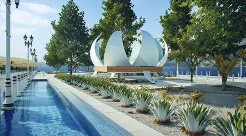 there is a water pool that has large white balls on it,outdoor pool,water feature,aqua studio,diamond lagoon,decorative fountains,3d rendering,Photography,General,Realistic