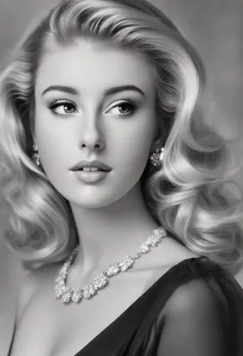 Beautiful blonde lady in black & white 1960s Henri Cartier-Bresson style portrait. Glitzy. Photorealistic. 8k,marylyn monroe - female,marylin monroe,pearl necklace,vintage female portrait,marilyn,vint