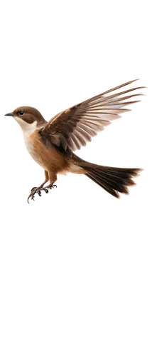 Swift bird, close-up, adult, brown back, white underside, black cap, forked tail, sharp beak, bright eyes, wings spread wide, flying pose, morning light, soft focus, bokeh background, 3/4 composition,