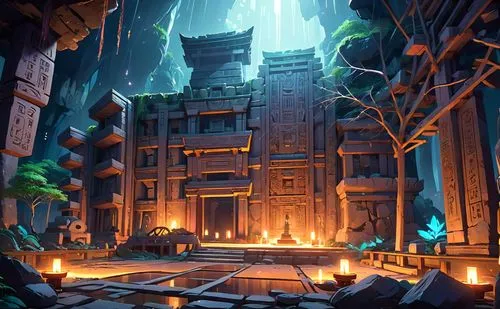 a room with an open door that has candles in it,ancient city,arenanet,cartoon video game background,dungeon,ruins,platforming,Anime,Anime,Realistic