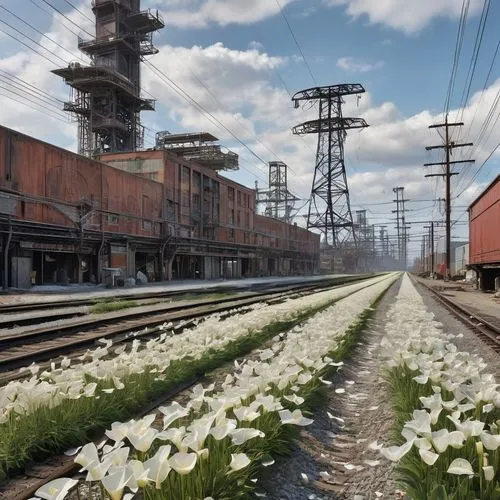 white rose on rail,sugar plant,railtrack,railway track,marshalling yard,railway line,Conceptual Art,Fantasy,Fantasy 25