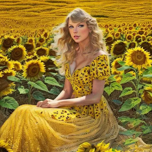 Taylor Swift sitting in a field of sunflowers wearing a yellow glitter dress,sunflower field,field of flowers,sunflowers,flower field,yellow jumpsuit,yellow,golden flowers,yellow grass,sun flowers,sun