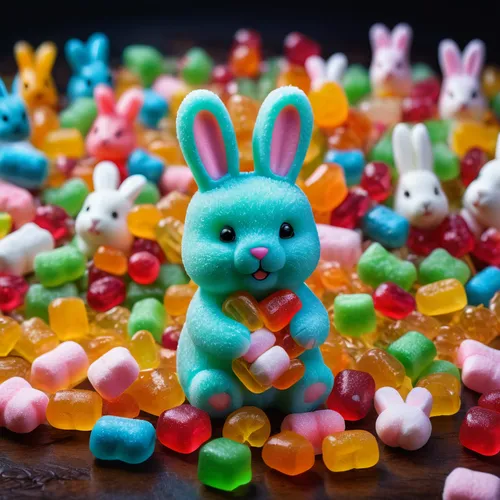 Design adorable creatures made of candy, such as marshmallow bunnies, gummy bear,rainbow rabbit,easter rabbits,happy easter hunt,easter bunny,candy crush,gummybears,candies,easter background,candy,nov