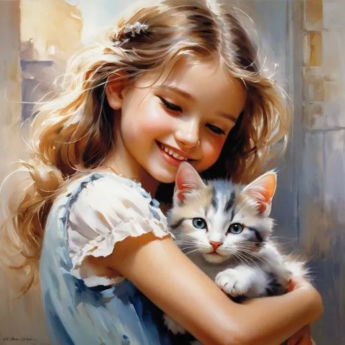 tenderness,cat lovers,little boy and girl,little girls,cute cat,childs,romantic portrait,vintage boy and girl,oil painting,cat love,little girl and mother,cute cartoon image,sweetness,oil painting on canvas,art painting,little angels,innocence,birman,two cats,child portrait,Conceptual Art,Oil color,Oil Color 03