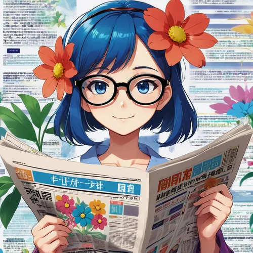 reading the newspaper,blue flower,newspaper reading,blue petals,colorful floral,floral background,blue flowers,sonoda love live,forget-me-not,newspapers,flower background,japanese floral background,summer flower,blue daisies,holding flowers,floral,floral japanese,blue hydrangea,with glasses,flower crown,Illustration,Japanese style,Japanese Style 03