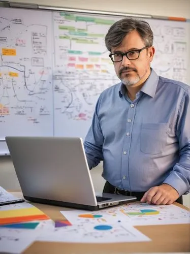 Software architect, middle-aged man, bespectacled, short hair, formal wear, standing in front of a whiteboard, diagramming, laptop, papers scattered on table, office setting, morning light, soft focus