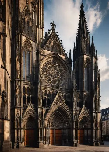 Romanesque architecture, Cologne Cathedral, intricate stone carvings, grandiose façade, vibrant stained glass windows, Gothic style, ornate pinnacles, intricate gargoyles, majestic entrance, ornate br