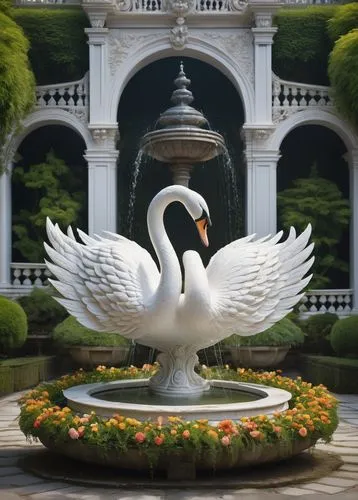 Baroque swan-shaped fountain, white marble, intricate carvings, grand staircase, ornate balustrades, majestic entrance, golden domed roof, symmetrical composition, beautiful gardens, lush greenery, vi