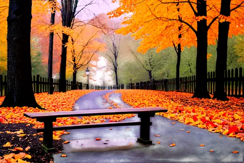 park bench,autumn park,autumn in the park,autumn background,autumn frame,autumn scenery,autumn walk,late autumn,bench,central park,fall landscape,fallen leaves,the autumn,red bench,benches,just autumn,wooden bench,autumn landscape,maple road,autumn,Conceptual Art,Oil color,Oil Color 15