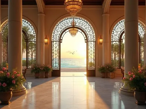 Renaissance style beach resort, steel frame structures, ornate iron gates, grandiose entrance, intricately designed steel railings, majestic stone columns, white marble floors, luxurious chandeliers, 