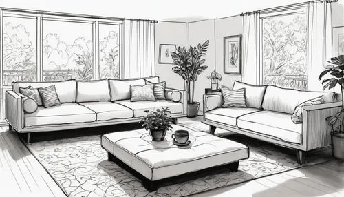 livingroom,living room,houseplants,sunroom,sitting room,apartment lounge,Illustration,Black and White,Black and White 08