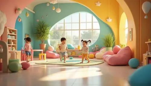 Kindergarten, colorful blob architecture, rounded edges, soft pastel colors, playful atmosphere, happy children playing, balls, blocks, toys scattered around, natural light pouring through large windo