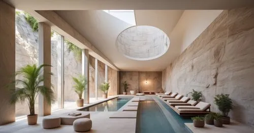 The interior of the spa is designed in the style of Alvaro Siza, with tall columns and a swimming pool surrounded by limestone walls. The rock wall behind it creates an atmosphere reminiscent of ancie