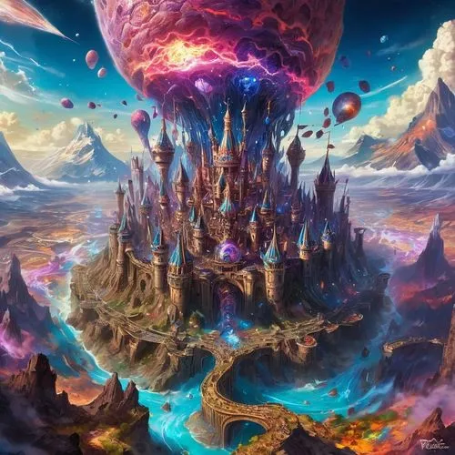 In this otherworldly landscape, colossal castles glide across immense mountains, their grandeur matching the vastness of the surroundings. Crystal-clear rivers flow from these castles, cascading into 