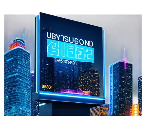 Futuristic digital billboard, cityscape at night, neon lights, 2024 futuristic font, sleek metal frame, transparent glass screen, reflective surface, high-angle shot, vibrant color tone, cinematic lig