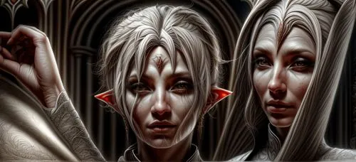 meridians,elves,split personality,parallel worlds,fractalius,mirror of souls,biomechanical,background image,repetition,staves,mirror image,optical ilusion,duplicate,image manipulation,distorted,violet head elf,heads,duality,humanoid,avatars