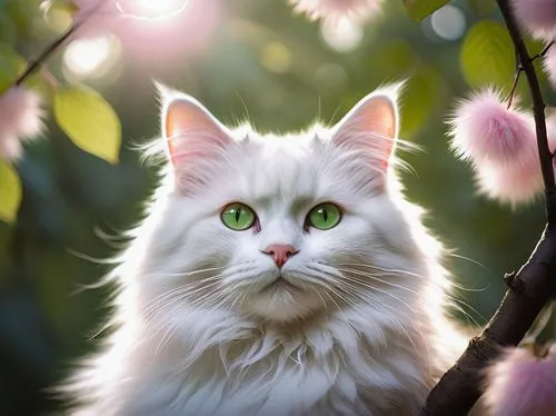 turkish angora,norwegian forest cat,siberian cat,blossom kitten,turkish van,american curl,white cat,cute cat,flower cat,domestic long-haired cat,cat portrait,romantic portrait,cat vector,maincoon,blue eyes cat,british longhair cat,birman,breed cat,cat with blue eyes,cat image,Illustration,Realistic Fantasy,Realistic Fantasy 44