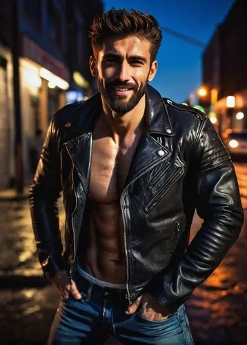 Muscular man, hot guy, hairy chest, six-pack abs, strong arms, bearded, messy brown hair, intense gaze, sweat drips down face, rugged skin, denim jeans, black leather jacket, bold stance, confident sm