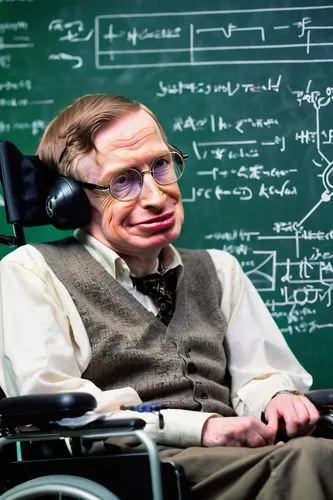 Professor Stephen Hawking, wheelchair, iconic facial expression, glasses, messy brown hair, white shirt, black pants, suspenders, shiny metal wheels, small-sized people (midgets) around, science labor