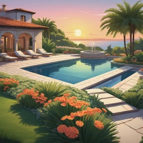 holiday villa,pool house,summer background,tropical house,roof landscape,summer cottage,palmilla,summerland,home landscape,tropical island,idyllic,landscaped,dreamhouse,paradisus,landscape background,beachfront,tropics,luxury property,paradis,seclude,Illustration,Vector,Vector 05