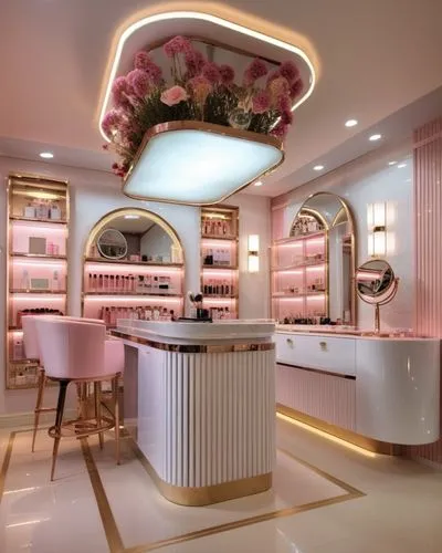 well-stocked luxury makeup store interior of beauty salon pleasant atmosphere excellent luxury lighting delicious aroma in it counters with shadows and makeup, mirrors with lights and hairdressing cha