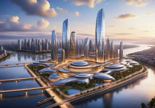 a picture of some buildings and water with blue sky,futuristic architecture,futuristic landscape,guangzhou,ordos,arcology,zhangzhou,dubay,futuristic art museum,largest hotel in dubai,cyberport,cyberja