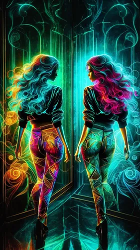 neon art a beautiful African American woman wearing pants that has a geometric tessallation design. and a black jacket bright, vivid, dazzling colors. teal, green, burgundy and gold, her hair is long 