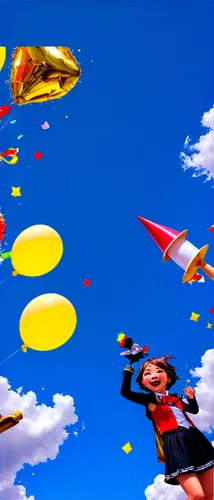 Colorful cartoon characters, festive costumes, joyful expressions, bright balloons, confetti, marching band, vibrant floats, sunny day, blue sky, white fluffy clouds, low-angle shot, dynamic compositi