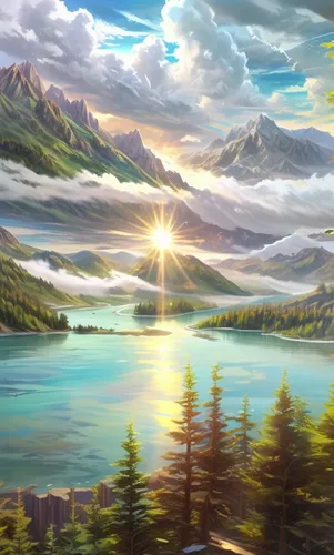 landscape background,mountain sunrise,mountain landscape,fantasy landscape,heaven lake,mountainous landscape,mountain scene,salt meadow landscape,beautiful landscape,high landscape,sunburst background,panoramic landscape,mount scenery,background image,nature landscape,mountain range,the landscape of the mountains,the spirit of the mountains,mountain lake,world digital painting