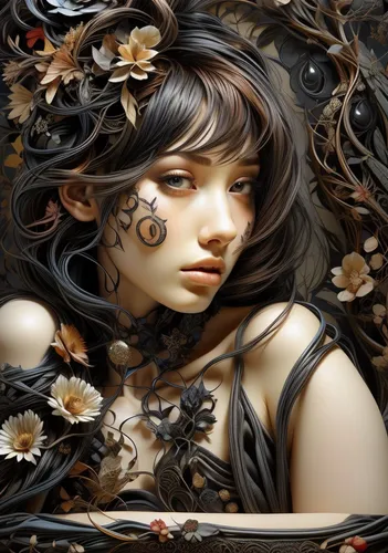 dryad,faery,faerie,fantasy art,fantasy portrait,mystical portrait of a girl,fractals art,girl in flowers,girl in a wreath,fallen petals,japanese art,wilted,the enchantress,faun,falling flowers,elven flower,secret garden of venus,lotus blossom,fallen leaves,cupido (butterfly)