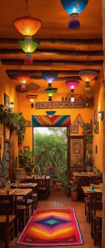 Warm Mexican restaurant, vibrant colors, traditional Talavera pottery, rustic wooden tables, colorful serape blankets, lively sombrero hats, piñata decorations, festive papel picado banners, authentic