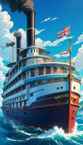 A futuristic 1930s cruise steamboat with resemblance to the English on the high seas.,an illustration of a cruise ship sailing in the ocean,britannic,britannia,aquitania,caravel,oceanliner,ocean liner