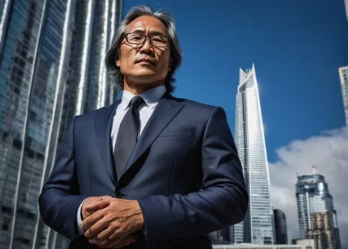 Jimmy Chin, famous architect, mature man, (50yo), bespectacled, grey hair, suited, black tie, holding blueprints, standing in front of, modern skyscraper, sleek lines, steel and glass structure, urban