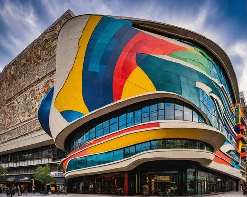 Post-modern architecture, colorful irregular shapes, asymmetrical design, fragmented forms, ornate decorations, grandiose entrance, sweeping curves, bold bright colors, complex textures, mixture of ma