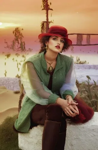 
 nude Beautiful arab girl, full dark curly hair, big green eyes, full red lips, misty sky,a woman with a hat and a green blouse sitting on a rock,amelie,kimbra,farrokhzad,cocorosie,ceremonials,retro 