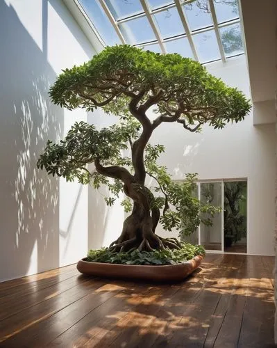 Tree, indoor garden, modern house, villa, luxury interior, wooden floor, white walls, glass ceiling, natural light, afternoon sunbeams, shadows on floor, leaves rustling, branches stretching upwards, 