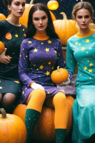 بنطلون ذهبي dress,socks,colorful clothes,,clean,thickhalloween in spacepumpkins and stars,,three girls are wearing brightly colored halloween outfits,retro halloween,vintage halloween,halloweentown,ha