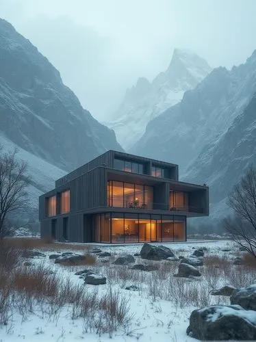 Architecture, Building between mountains, (ARCHITECT NAME) style, winter, 27mm camera, cinematic render, overcast, archdaily, rule of thirds, dramatic,a large cabin is in a snowy area,house in the mou